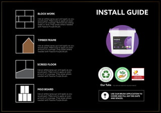 BLOCK WORK
TIMBER FRAME
SCREED FLOOR
MGO BOARD
Use an airless spray gun and apply as you
would paint. Make sure to apply an even
amount of coverage. Remove any sitting
water or dust. Prep areas where needed
with Passive Purple Brush.
Use an airless spray gun and apply as you
would paint. Make sure to apply an even
amount of coverage. Prep areas where
needed with Passive Purple Brush.
Use an airless spray gun and apply as you
would paint. Make sure to apply an even
amount of coverage. Prep areas where
needed with Passive Purple Brush.
Use an airless spray gun and apply as you
would paint. Make sure to apply an even
amount of coverage. Prep areas where
needed with Passive Purple Brush.
INSTALL GUIDE
USE OUR BRUSH APPLICATION TO
COVER AND FILL ANY BIG GAPS
AND SPACES.
P
LANT A TRE
E
ON
E V E R Y O R
D
ER
Our Tubs * Our tubs are made from recycled material
 