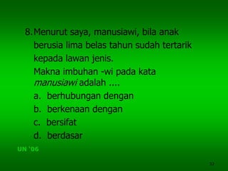 32
8.Menurut saya, manusiawi, bila anak
berusia lima belas tahun sudah tertarik
kepada lawan jenis.
Makna imbuhan -wi pada kata
manusiawi adalah ....
a. berhubungan dengan
b. berkenaan dengan
c. bersifat
d. berdasar
UN ‘06
 