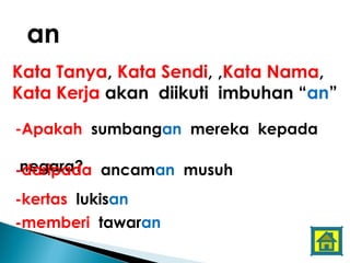 an
Kata Tanya, Kata Sendi, ,Kata Nama,
Kata Kerja akan diikuti imbuhan “an”

-Apakah sumbangan mereka kepada

 negara?
-daripada ancaman musuh
-kertas lukisan
-memberi tawaran
 