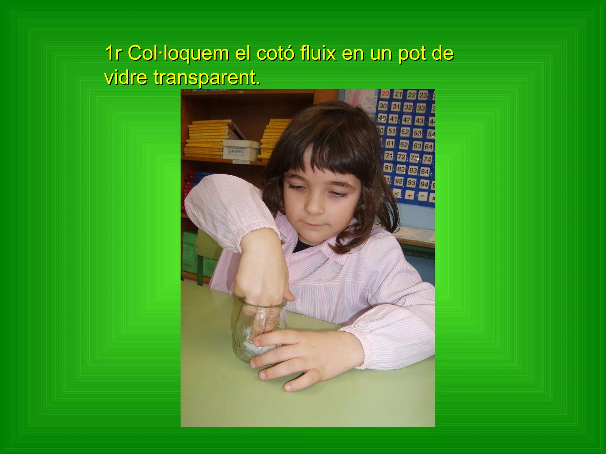 1r Col·loquem el cotó fluix en un pot de vidre transparent. 