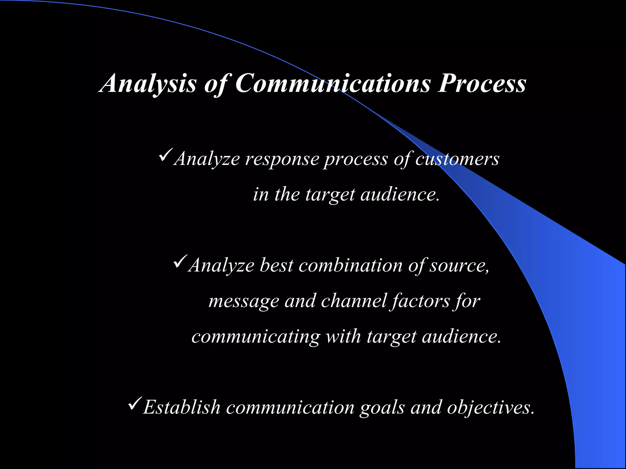 Analysis of Communications Process Analyze response process of customers  in the target audience. Analyze best combination of source, message and channel factors for  communicating with target audience. Establish communication goals and objectives. 