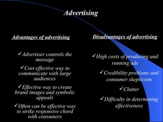 Advertising Advantages of advertising Advertiser controls the message Cost effective way to communicate with large audiences Effective way to create brand images and symbolic appeals Often can be effective way to strike responsive chord with consumers Disadvantages of advertising High costs of producing and running ads Credibility problems and consumer skepticism Clutter Difficulty in determining effectiveness 