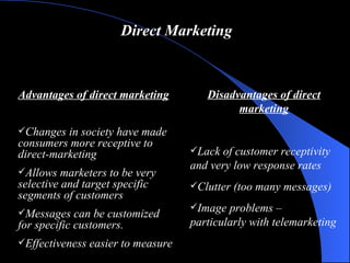Direct Marketing Advantages of direct marketing Changes in society have made consumers more receptive to direct-marketing Allows marketers to be very selective and target specific segments of customers Messages can be customized for specific customers. Effectiveness easier to measure Disadvantages of direct marketing Lack of customer receptivity and very low response rates Clutter (too many messages) Image problems – particularly with telemarketing 
