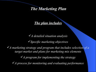 The Marketing Plan The plan includes A detailed situation analysis Specific marketing objectives A marketing strategy and program that includes selection of a target market and plans for marketing mix elements A program for implementing the strategy A process for monitoring and evaluating performance 