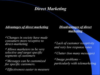 Direct Marketing <ul><li>Advantages of direct marketing </li></ul><ul><li>Changes in society have made consumers more rece...