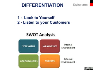 SwinburneDIFFERENTIATION
‘We are a group of young leaders, seeking to bring
about positive change in the local and wider
community. Our members are aged under 40 and are
from a wide range of backgrounds’.
http://www.rcmelpark.com
Rotary Club of Melbourne Park
 