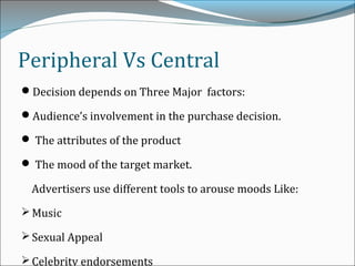 Peripheral Vs Central
Decision depends on Three Major factors:
Audience’s involvement in the purchase decision.
 The attributes of the product
 The mood of the target market.
Advertisers use different tools to arouse moods Like:
Music
Sexual Appeal
Celebrity endorsements
 