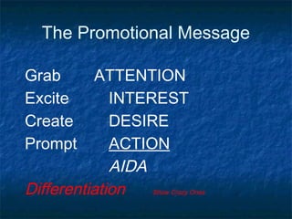The Promotional Message
Grab ATTENTION
Excite INTEREST
Create DESIRE
Prompt ACTION
AIDA
Differentiation Show Crazy Ones
 