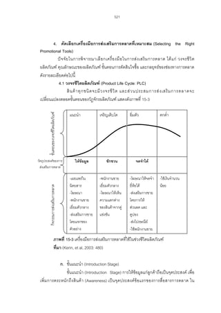 521

ขั้นตอนของวงจรชีวิตผลิตภัณฑ

4. คัดเลือกเครื่องมือการสงเสริมการตลาดที่เหมาะสม (Selecting the Right
Promotional Tools)
ป จ จั ย ในการพิ จ ารณาเลื อ กเครื่ อ งมื อ ในการส ง เสริ ม การตลาด ได แ ก วงจรชี วิ ต
ผลิตภัณฑ คุณลักษณะของผลิตภัณฑ ขั้นตอนการตัดสินใจซื้อ และกลยุทธของชองทางการตลาด
ดังรายละเอียดตอไปนี้
4.1 วงจรชีวิตผลิตภัณฑ (Product Life Cycle: PLC)
สิ น ค า ทุ ก ชนิ ด จะมี ว งจรชี วิ ต และส ว นประสมการส ง เสริ ม การตลาดจะ
เปลี่ยนแปลงตลอดขั้นตอนของวัฏจักรผลิตภัณฑ แสดงดังภาพที่ 15-3

กิจกรรมการสงเสริมการตลาด

วัตถุประสงคของการ
สงเสริมการตลาด

แนะนํา

เจริญเติบโต

อิ่มตัว

ใหขอมูล

ชักชวน

จดจําได

-เผยแพรใน
นิตยสาร
-โฆษณา
-พนักงานขาย
เยี่ยมตัวกลาง
-สงเสริมการขาย
โดยแจกของ
ตัวอยาง

-พนักงานขาย
เยี่ยมตัวกลาง
-โฆษณาใหเห็น
ความแตกตาง
ของสินคาจากคู
แขงขัน

-โฆษณาใหจดจํา
ยี่หอได
-สงเสริมการขาย
โดยการให
สวนลด และ
คูปอง
-สงไปรษณีย
-ใชพนักงานขาย

ตกต่ํา

-ใชเงินจํานวน
นอย

ภาพที่ 15-3 เครื่องมือการสงเสริมการตลาดที่ใชในชวงชีวิตผลิตภัณฑ
ที่มา (Kerin, et al, 2003: 480)
ก. ขั้นแนะนํา (Introduction Stage)
ขั้นแนะนํา (Introduction Stage) การใหขอมูลแกลูกคาถือเปนจุดประสงค เพื่อ
เพิ่มการตระหนัก ถึง สินค า (Awareness) เป นจุ ดประสงคขอแรกของการสื่อสารการตลาด ใน

 