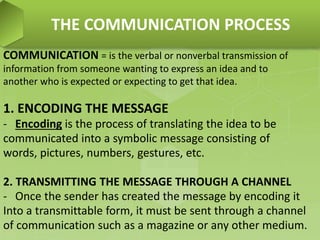 COMMUNICATION = is the verbal or nonverbal transmission of
information from someone wanting to express an idea and to
another who is expected or expecting to get that idea.
1. ENCODING THE MESSAGE
- Encoding is the process of translating the idea to be
communicated into a symbolic message consisting of
words, pictures, numbers, gestures, etc.
2. TRANSMITTING THE MESSAGE THROUGH A CHANNEL
- Once the sender has created the message by encoding it
Into a transmittable form, it must be sent through a channel
of communication such as a magazine or any other medium.
THE COMMUNICATION PROCESS
 