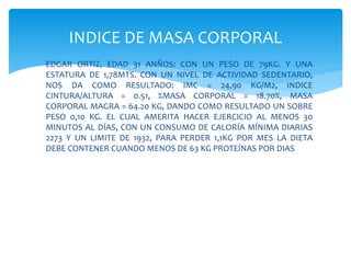  EDGAR ORTIZ, EDAD 31 ANÑOS: CON UN PESO DE 79KG. Y UNA
ESTATURA DE 1,78MTS. CON UN NIVEL DE ACTIVIDAD SEDENTARIO,
NOS DA COMO RESULTADO: IMC = 24,90 KG/M2, INDICE
CINTURA/ALTURA = 0.51, %MASA CORPORAL = 18.70%, MASA
CORPORAL MAGRA = 64.20 KG, DANDO COMO RESULTADO UN SOBRE
PESO 0,10 KG. EL CUAL AMERITA HACER EJERCICIO AL MENOS 30
MINUTOS AL DÍAS, CON UN CONSUMO DE CALORÍA MÍNIMA DIARIAS
2273 Y UN LIMITE DE 1932, PARA PERDER 1,1KG POR MES LA DIETA
DEBE CONTENER CUANDO MENOS DE 63 KG PROTEÍNAS POR DIAS
INDICE DE MASA CORPORAL
 