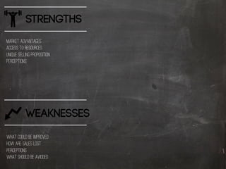 STRENGTHS 
Market advantages 
Access to resources 
Unique selling proposition 
Perceptions 
Weaknesses 
What could be impr...