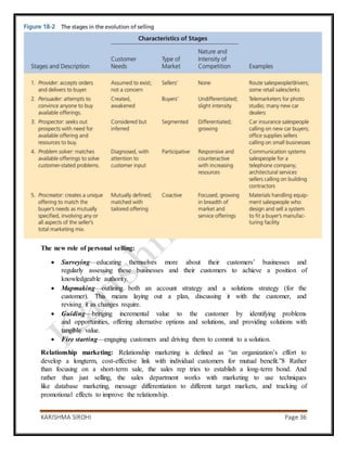 KARISHMA SIROHI Page 36
The new role of personal selling:
 Surveying—educating themselves more about their customers’ businesses and
regularly assessing these businesses and their customers to achieve a position of
knowledgeable authority.
 Mapmaking—outlining both an account strategy and a solutions strategy (for the
customer). This means laying out a plan, discussing it with the customer, and
revising it as changes require.
 Guiding—bringing incremental value to the customer by identifying problems
and opportunities, offering alternative options and solutions, and providing solutions with
tangible value.
 Fire starting—engaging customers and driving them to commit to a solution.
Relationship marketing: Relationship marketing is defined as “an organization’s effort to
develop a longterm, cost-effective link with individual customers for mutual benefit.”8 Rather
than focusing on a short-term sale, the sales rep tries to establish a long-term bond. And
rather than just selling, the sales department works with marketing to use techniques
like database marketing, message differentiation to different target markets, and tracking of
promotional effects to improve the relationship.
 