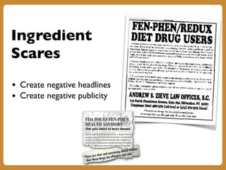 Ingredient
Scares
• Create negative headlines
• Create negative publicity
 