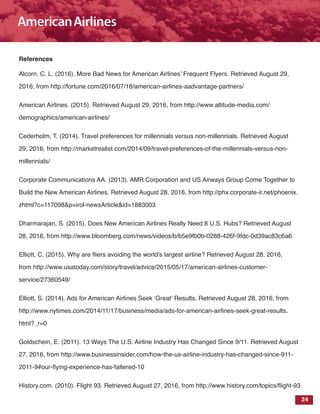 24
References
Alcorn, C. L. (2016). More Bad News for American Airlines’ Frequent Flyers. Retrieved August 29,
2016, from http://fortune.com/2016/07/18/american-airlines-aadvantage-partners/
American Airlines. (2015). Retrieved August 29, 2016, from http://www.altitude-media.com/
demographics/american-airlines/
Cederholm, T. (2014). Travel preferences for millennials versus non-millennials. Retrieved August
29, 2016, from http://marketrealist.com/2014/09/travel-preferences-of-the-millennials-versus-non-
millennials/
Corporate Communications AA. (2013). AMR Corporation and US Airways Group Come Together to
Build the New American Airlines. Retrieved August 28, 2016, from http://phx.corporate-ir.net/phoenix.
zhtml?c=117098&p=irol-newsArticle&id=1883003
Dharmarajan, S. (2015). Does New American Airlines Really Need 8 U.S. Hubs? Retrieved August
28, 2016, from http://www.bloomberg.com/news/videos/b/b5e9fb0b-0288-426f-9fdc-0d39ac83c6a6
Elliott, C. (2015). Why are fliers avoiding the world’s largest airline? Retrieved August 28, 2016,
from http://www.usatoday.com/story/travel/advice/2015/05/17/american-airlines-customer-
service/27360549/
Elliott, S. (2014). Ads for American Airlines Seek ‘Great’ Results. Retrieved August 28, 2016, from
http://www.nytimes.com/2014/11/17/business/media/ads-for-american-airlines-seek-great-results.
html?_r=0
Goldschein, E. (2011). 13 Ways The U.S. Airline Industry Has Changed Since 9/11. Retrieved August
27, 2016, from http://www.businessinsider.com/how-the-us-airline-industry-has-changed-since-911-
2011-9#our-flying-experience-has-faltered-10
History.com. (2010). Flight 93. Retrieved August 27, 2016, from http://www.history.com/topics/flight-93
 