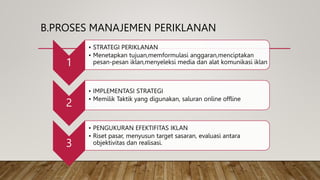 B.PROSES MANAJEMEN PERIKLANAN
1
• STRATEGI PERIKLANAN
• Menetapkan tujuan,memformulasi anggaran,menciptakan
pesan-pesan iklan,menyeleksi media dan alat komunikasi iklan
2
• IMPLEMENTASI STRATEGI
• Memilik Taktik yang digunakan, saluran online offline
3
• PENGUKURAN EFEKTIFITAS IKLAN
• Riset pasar, menyusun target sasaran, evaluasi antara
objektivitas dan realisasi.
 