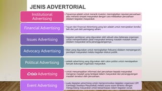 JENIS ADVERTORIAL
• Tujuannya adalah untuk menarik investor, meningkatkan reputasi perusahaan
atau menarik simpati masyarakat dengan cara melibatkan perusahaan
didalam kegiatan masyarakat.
Institutional
Advertising
• Tujuan dari Financial Advertising yang lain adalah untuk menciptakan kondisi
beli dan jual oleh pemegang saham.
Financial Advertising
• kegiatan periklanan yang digunakan oleh sebuah atau beberapa organisasi
untuk memperlihatkan pada masyarakat tentang masalah-masalah sosial
didalam masyarakat serta penanggulangannya.
Issues Advertising
• iklan yang digunakan untuk meningkatkan frekuensi didalam mempengaruhi
pendapat masyarakat melalui kegiatan diskusi publik.
Advocacy Advertising
• adalah advertising yang digunakan oleh calon politisi untuk mendapatkan
banyak dukungan organisasi masyarakat.
Political Advertising
• untuk menyampaikan informasi dari perusahaan kepada masyarakat
mengenai masalah yang terdapat dalam masyarakat dan penanggulangan
masalah tersebut oleh perusahaan.
Crisis Advertising
• suatu kegiatan advertising untuk mempromosikan kegiatan organisasi LSM
(Lembaga Swadaya Masyarakat) melalui acara-acara tertentu dengan
mengundang masyarakat untuk berpartisipasi dalam kegiatan social.
Event Advertising
 