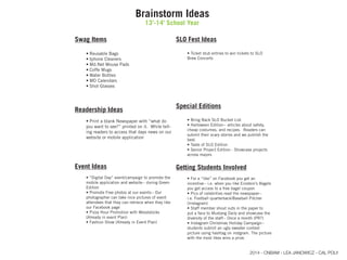 Brainstorm Ideas
13’-14’ School Year
Swag Items
Readership Ideas
-
Event Ideas
SLO Fest Ideas
Special Editions
best.
Getting Students Involved
2014 - CNBAM - LEA JANOWICZ - CAL POLY
 