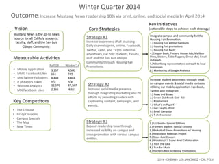 !
•  Mobile!Applica,on!!!!!!!!!!!!!!!!!!!!!!!!!!!!!!!!!!!!!!!!!!!!
•  MMG!Facebook!Likes!
•  MN!Twi6er!Followers!
•  #!of!Papers!taken!
•  Website!Analy,cs!
•  MN!Facebook!Likes!!!!!!!
Integrate!campus!and!community!for!the!
Housing!Fair!Promo,on.!
1.)!Housing!Fair!edi,on!handouts!
2.)!Housing!Fair!promo,ons!
3.)!Housing!Fair!Event!
4.)Coupon!Book,!Posters,!House!!Ads,!Mailbox!
Fliers,!S,ckers,!Table!Toppers,!Direct!Mail,!Email!
Outreach!
5.)Adver,sing!representa,ves!outreach!to!local!
businesses.!
6.)!Monitoring!of!Google!Analy,cs!
Vision&
!
•  The!Tribune!
•  Crazy!Coupons!
•  Campus!Specials!
•  The!Map!
•  New!Times!!
Core&Strategies&
Key&Ini1a1ves&
(ac1onable&steps&to&achieve&each&strategy)&
Strategy!#1!
Increase!awareness!of!all!Mustang!
Daily!channels(print,!online,!Facebook,!
Twi6er,!radio,!and!TV)!to!poten,al!
adver,sers,!Cal!Poly!students,!faculty,!
staﬀ!and!the!San!Luis!Obispo!
Community!through!Housing!Fair!
Promo,ons.!!
Strategy!#2!
Increase!social!media!presence!
through!integra,ng!marke,ng!and!PR!
eﬀorts!by!providing!readers!with!
cap,va,ng!content,!campaigns,!and!
events.!!
!
!
Strategy!#3!
Expand!readership!base!through!
increased!visibility!on!campus!and!
cross!promo,on!with!various!campus!
en,,es.!!
Winter!Quarter!2014!
!!!Outcome:!Increase!Mustang!News!readership!10%!via!print,!online,!and!social!media!by!April!2014!
!
Mustang!News!is!the!go_to!news!
source!for!all!Cal!Poly!students,!
faculty,!staﬀ,!and!the!San!Luis!
Obispo!Community.!
Increase!student!awareness!through!small!
on_campus!events!&!social!media!contests!
u,lizing!our!mobile!applica,on,!Facebook,!
Twi6er!and!Instagram!!
1.)!News!and!Brews!
2.)!Green!Out!Knock!Out!_!ASI!
3.)!#topharvard!
4.)!What’s!on!Page!4?!
5.)!Get!Caught__Print!!
6.)!Email!Campaign!
7.)!T_shirt!surprise!
!
!1.)!UU!booth–!Special!Edi,ons!
2.)!Farmers!Market_!Special!Edi,ons!
3.)!Basketball!Game!Promo,ons!w/!Housing!
4.)!Newsstand!Redesign!Project!
5.)!Steve!Aoki!Concert!
6.)!Woodstock’s!Super!Bowl!Collabora,on!
7.)!!Rock!the!Casa!
8.)!!Run!for!Music!!
9.)!Hornet’s!Nest!Screening!Promo,ons!!
!
!!
Measurable&Ac1vi1es&&
3,157 !!!!!!!!!!4,500!
661 !!!!!!!!!!749!
4,448 !!!!!!!!!!4,864!
n/a !!!!!!!!!!n/a!
32,570 !!!!!!!!!!87,507!
2,366!!!!!!!!!!!!!!4,661!
Fall’13!!!!!!!!Winter’14!
Key&Compe1tors&
2014 - CNBAM - LEA JANOWICZ - CAL POLY
 