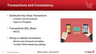 2019 © GridGain Systems @denismagda #apacheignite
Transactions and Consistency
34
• Distributed Key-Value Transactions
– 2 phase commit protocol
– Spans to Postgres
• Transactional SQL (Beta)
– MVCC
• Strong or relaxed consistency
– Atomic and transactional tables
– Tunable Write-ahead-log settings
 
