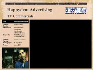 Happydent Advertising
        TV Commercials
Title          Photographer/Smile
Creative       Prasoon Joshi
Director
Art Director   Prem Shankar
               Suresh PV
               Hari Prasad
               Abhilash Divakar
Copywriter     Nikhil Narayanan
               Suzanna Kurian
Creative       McCann Erickson
Agency
Photographer   N Sugathan
Release        June, 2007
 