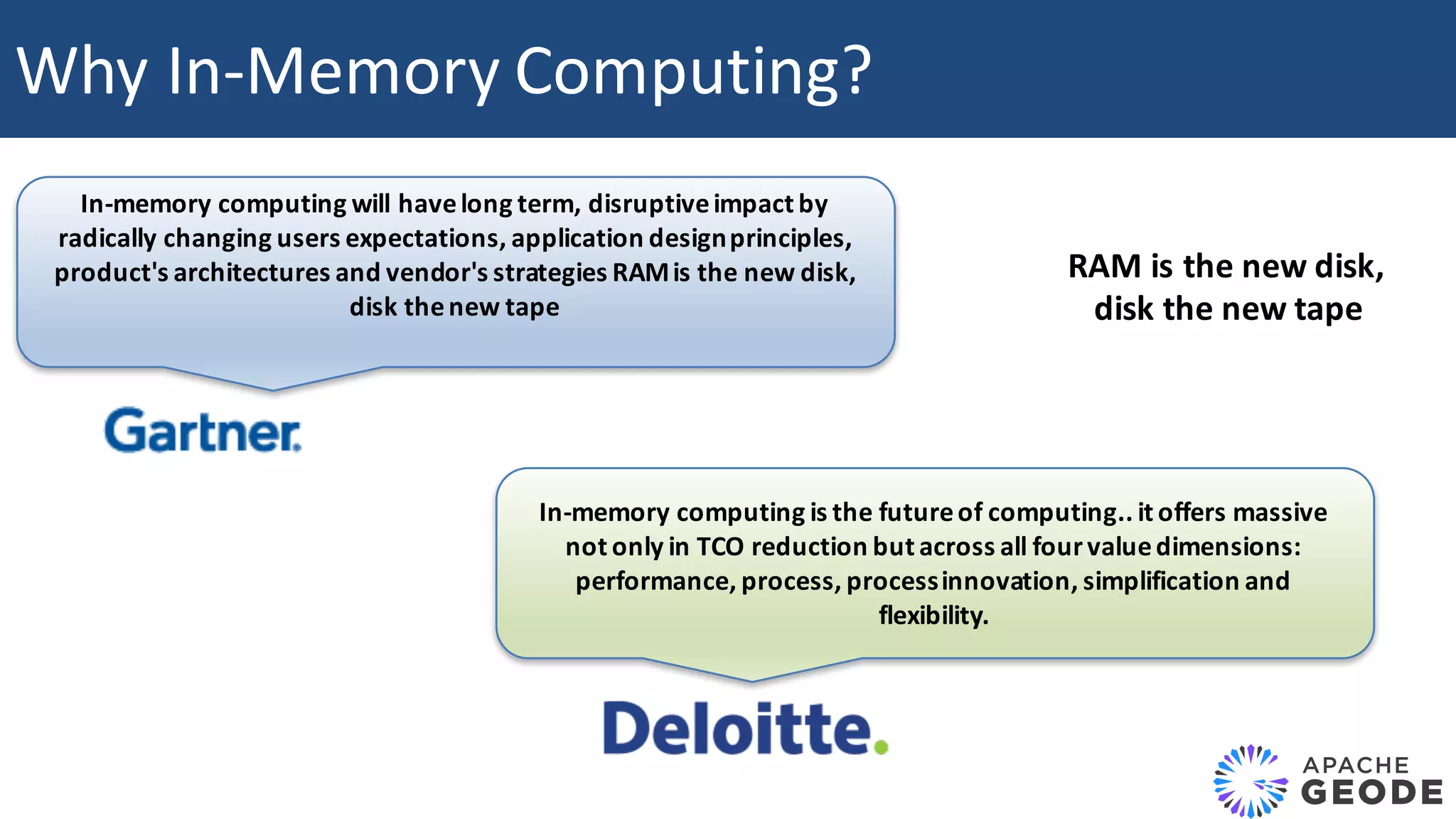 Why	In-Memory	Computing? In-memory	computing	will	have	long	term,	disruptive	impact	by radically	changing	users	expectations,	application	design	principles, product's	architectures	and	vendor's	strategies	RAM	is	the	new	disk, disk	the	new	tape RAM	is	the	new	disk, disk	the	new	tape In-memory	computing	is	the	future	of	computing..	it	offers	massive not	only	in	TCO	reduction	but	across	all	four	value	dimensions: performance,	process,	process	innovation,	simplification	and flexibility. 