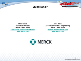 22
Questions?
22
Mike Rose
Associate Director - Engineering
Merck - West Point
Michael_Rose@Merck.com
www.Merck.com
Chris Gould
Executive Director
Merck - West Point
Christopher_Gould@Merck.com
www.Merck.com
 