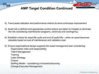 2) Trend asset utilization and performance metrics to drive continuous improvement
3) Asset risk is defined and appropriate control actions are taken to mitigate or eliminate
the risk considering maintenance programs, continuity and contingency.
4) Establish criteria for asset life cycle and end of useful life – when an asset becomes
obsolete based on cost of maintenance and validation cost.
5) Ensure organizational design supports the asset management plan considering:
Organization roles and responsibility
Talent Management
Training
Labor Strategy
Culture
Staffing Model – considering in-house/outsourcing
Change Execution Management
AMP Target Condition Continued
 