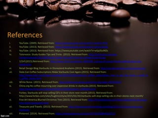 References
i. YouTube. (2009). Retrieved from: https://www.youtube.com/watch?v=4ioOcl-PFX4
ii. YouTube. (2013). Retrieved from: https://www.youtube.com/watch?v=cbrpl1Zeo9g
iii. YouTube. (2013). Retrieved from: https://www.youtube.com/watch?v=wljqJGxJNDc
iv. Tutorvoice. Study Guides Tips and Tricks. (2015). Retrieved from: http://tutorvoice.com/wp-
content/uploads/2015/08/Study-Guides-Tips-and-Tricks-for-College-Students.jpg
v. 123rf.(2015).Retrieved from: http://www.123rf.com/photo_4890298_a-group-of-young-friends-walking-down-the-
street.html
vi. Retail Design Blog.Starbucks in Disneyland Anaheim.(2015). Retrieved from: http://retaildesignblog.net/tag/starbucks/
vii. Slate.Can Coffee Subscriptions Make Starbucks Cool Again.(2015). Retrieved from:
http://www.slate.com/blogs/moneybox/2015/02/18/starbucks_coffee_subscription_how_to_get_the_chain_s_small_lo
t_coffee_beans.html
viii. White Noise. (2015). Retrieved from: http://whitenoise.kinja.com/thirsty-thursday-1443378193
ix. China.org.No coffee mourning over expensive drinks in starbucks.(2015). Retrieved from:
http://www.china.org.cn/business/2012-02/09/content_24590405.htm
x. Forbes. Starbucks will stop selling CD’s in their store next month.(2015). Retrieved from:
http://www.forbes.com/sites/hughmcintyre/2015/02/20/starbucks-will-stop-selling-cds-in-their-stores-next-month/
xi. Fine Art America.Blurred Christmas Tree.(2015). Retrieved from: http://fineartamerica.com/featured/blurred-christmas-
tree-maria-toutoudaki.html
xii. Treasures and Travels. (2013). Retrieved from: http://treasuresandtravelsblog.com/blog/2013/11/6/customize-your-
starbucks
xiii. Pinterest. (2014). Retrieved from: https://www.pinterest.com/pin/557531628844216712/
 