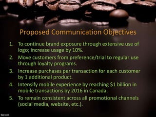 Proposed Communication Objectives
1. To continue brand exposure through extensive use of
logo; increase usage by 10%.
2. Move customers from preference/trial to regular use
through loyalty programs.
3. Increase purchases per transaction for each customer
by 1 additional product.
4. Intensify mobile experience by reaching $1 billion in
mobile transactions by 2016 in Canada.
5. To remain consistent across all promotional channels
(social media, website, etc.).
 