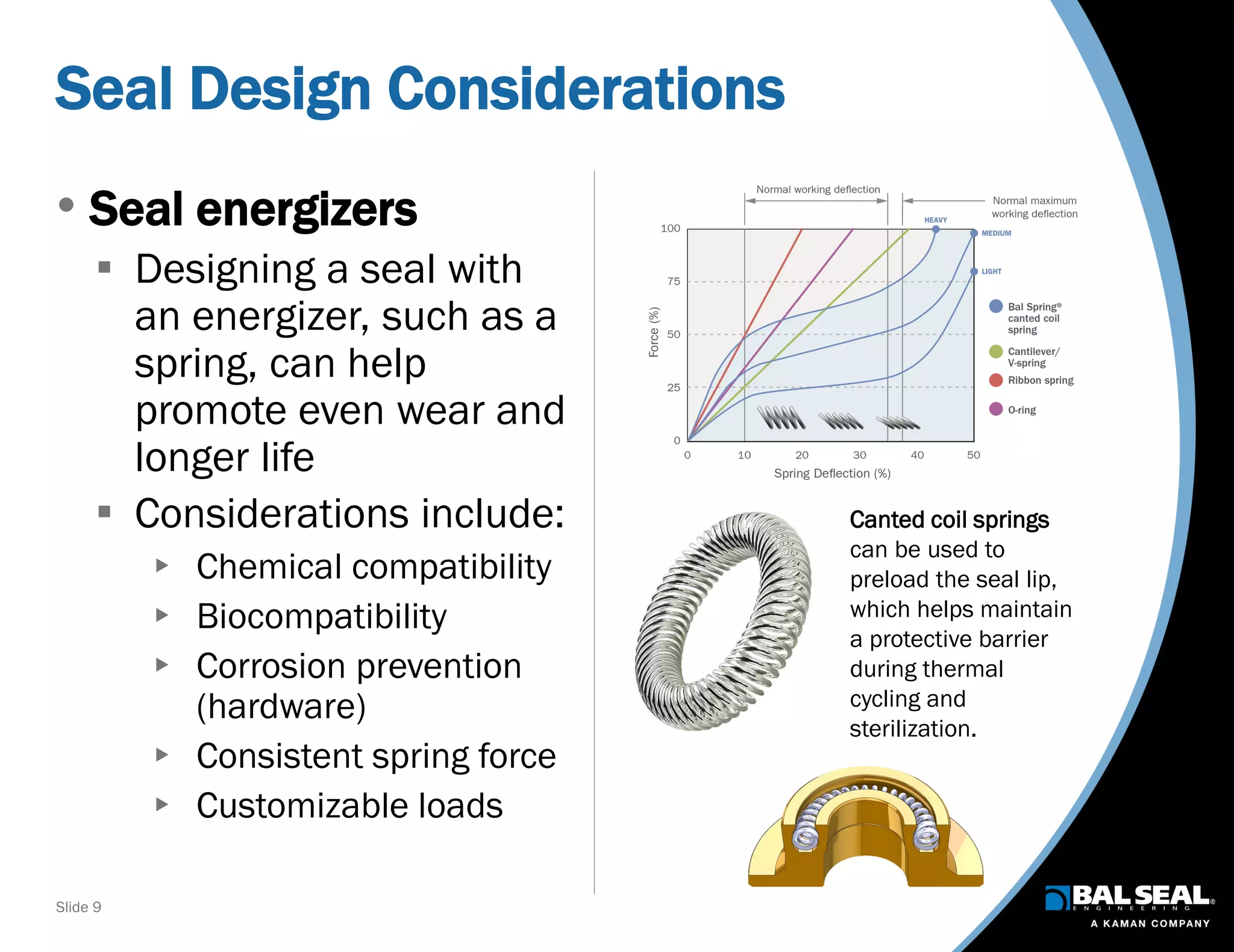 Slide 9
Seal Design Considerations
• Seal energizers
 Designing a seal with
an energizer, such as a
spring, can help
promote even wear and
longer life
 Considerations include:
 Chemical compatibility
 Biocompatibility
 Corrosion prevention
(hardware)
 Consistent spring force
 Customizable loads
Canted coil springs
can be used to
preload the seal lip,
which helps maintain
a protective barrier
during thermal
cycling and
sterilization.
 