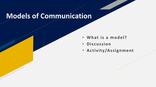 • What is a model?
• Discussion
• Activity/Assignment
Models of Communication
 