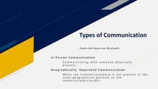 Types of Communication
Fa c e to Fa c e vs D i sta n t
I n Pe rs o n C o m m u n i c a t i o n
C o m m u n i c a t i n g w i t h s o m e o n e p hy s i c a l l y
p re s e nt .
G e o g ra p h i c a l l y S e p a ra te d C o m m u n i c a t i o n
W h e n t h e l i ste n e r /a u d i e n c e i s n o t p re s e n t i n t h e
s a m e ge o g ra p h i c a l p o s i t i o n a s t h e
c o m m u n i c a to r /s e n d e r.
 