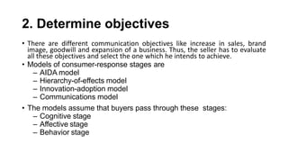 2. Determine objectives
• There are different communication objectives like increase in sales, brand
image, goodwill and expansion of a business. Thus, the seller has to evaluate
all these objectives and select the one which he intends to achieve.
• Models of consumer-response stages are
– AIDA model
– Hierarchy-of-effects model
– Innovation-adoption model
– Communications model
• The models assume that buyers pass through these stages:
– Cognitive stage
– Affective stage
– Behavior stage
 
