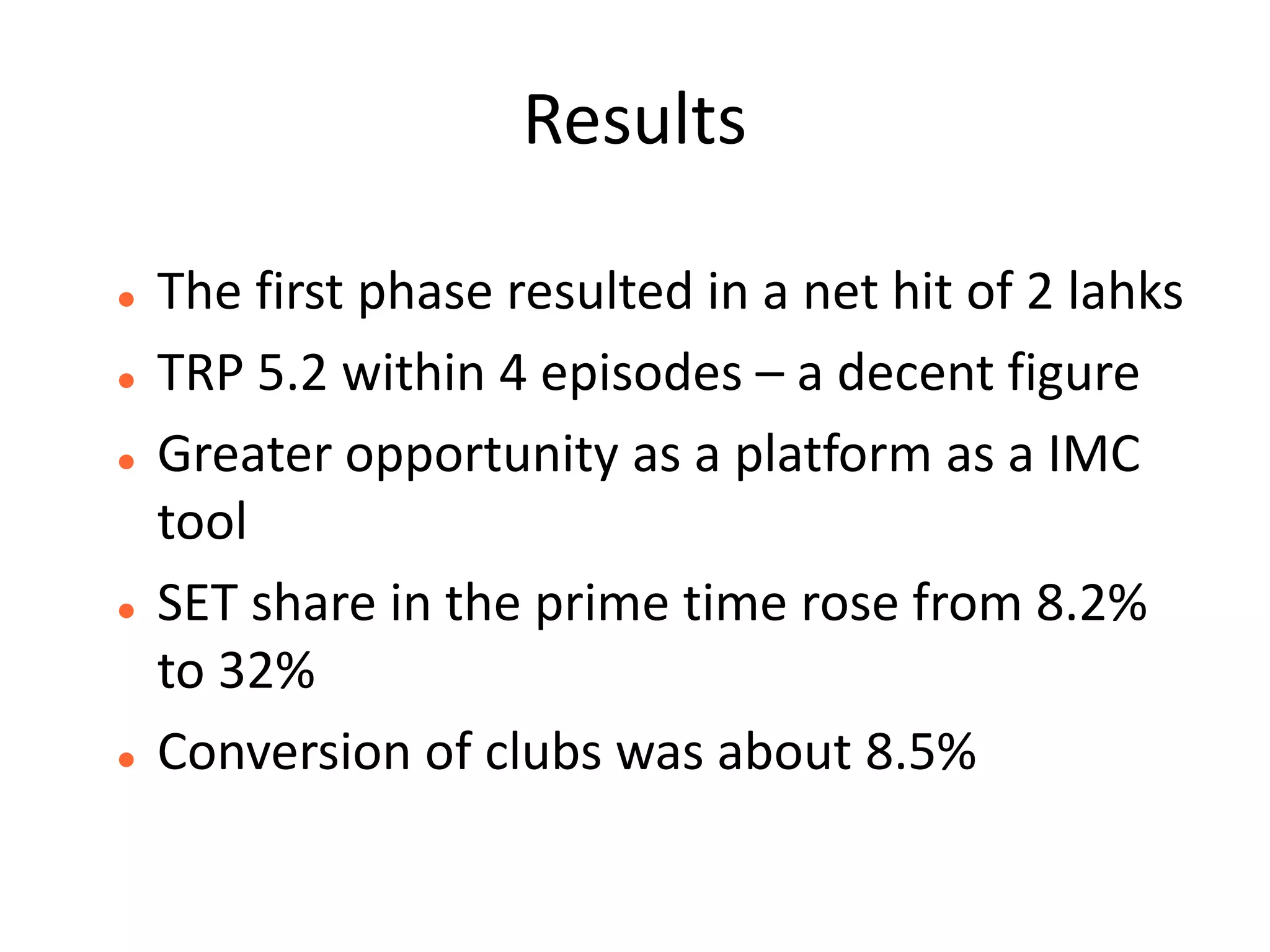 Results

   The first phase resulted in a net hit of 2 lahks
   TRP 5.2 within 4 episodes – a decent figure
   Greater opportunity as a platform as a IMC
    tool
   SET share in the prime time rose from 8.2%
    to 32%
   Conversion of clubs was about 8.5%
 