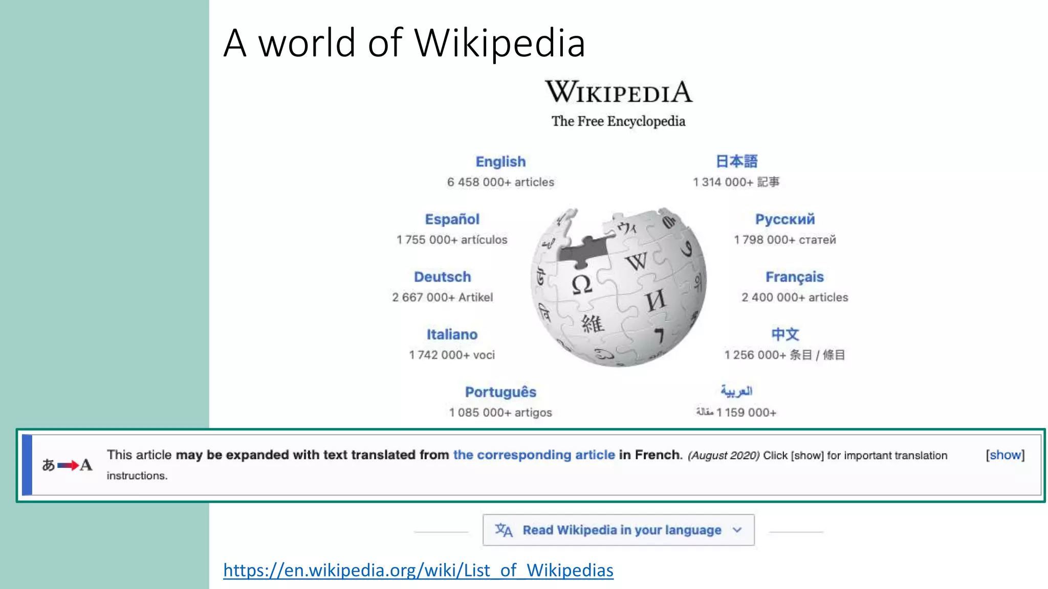 A world of Wikipedia
https://en.wikipedia.org/wiki/List_of_Wikipedias
 