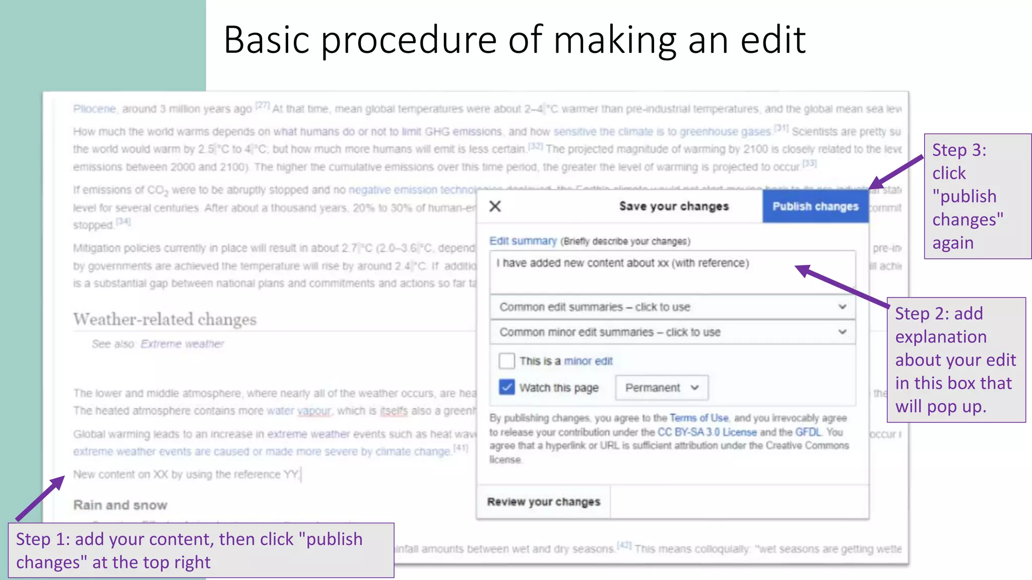 Step 1: add your content, then click "publish
changes" at the top right
Step 2: add
explanation
about your edit
in this box that
will pop up.
Step 3:
click
"publish
changes"
again
Basic procedure of making an edit
 