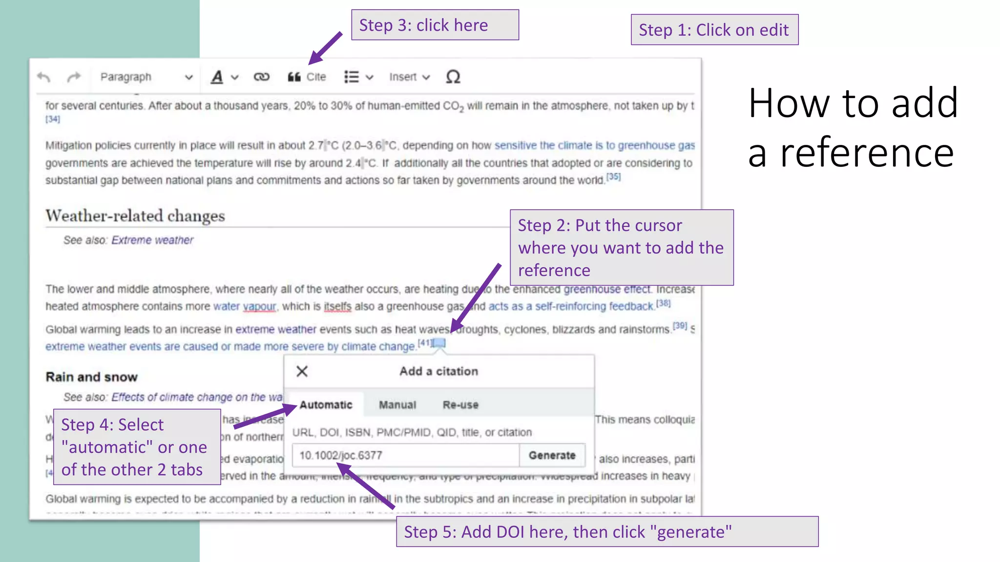 How to add
a reference
Step 1: Click on edit
Step 2: Put the cursor
where you want to add the
reference
Step 3: click here
Step 4: Select
"automatic" or one
of the other 2 tabs
Step 5: Add DOI here, then click "generate"
 