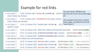 The users Serols, SSSSNack and
Keyriverz don't have user profile pages
yet.
(This example comes from a revision
history page, accessible from the tab
"view history")
Example for red links
 