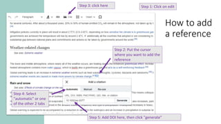 How to add
a reference
Step 1: Click on edit
Step 2: Put the cursor
where you want to add the
reference
Step 3: click here
Step 4: Select
"automatic" or one
of the other 2 tabs
Step 5: Add DOI here, then click "generate"
 