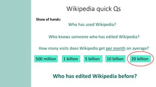 Wikipedia quick Qs
Show of hands:
Who has used Wikipedia?
Who knows someone who has edited Wikipedia?
How many visits does Wikipedia get per month on average?
500 million 1 billion 5 billion 20 billion
10 billion
Who has edited Wikipedia before?​
 