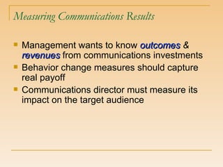 Measuring Communications Results Management wants to know  outcomes  &  revenues   from communications investments Behavior change measures should capture real payoff Communications director must measure its impact on the target audience 