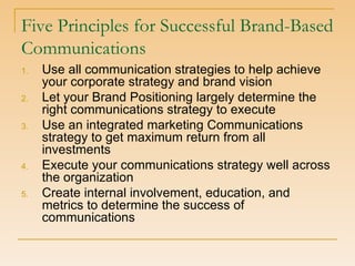 Five Principles for Successful Brand-Based Communications Use all communication strategies to help achieve your corporate strategy and brand vision Let your Brand Positioning largely determine the right communications strategy to execute Use an integrated marketing Communications strategy to get maximum return from all investments Execute your communications strategy well across the organization Create internal involvement, education, and metrics to determine the success of communications 