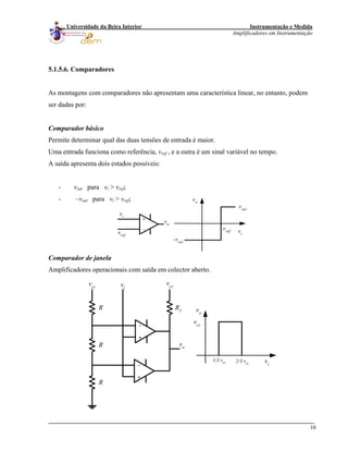 Instrumentação e Medida
Amplificadores em Instrumentação
10
Universidade da Beira Interior
5.1.5.6. Comparadores
As montagens com comparadores não apresentam uma característica linear, no entanto, podem
ser dadas por:
Comparador básico
Permite determinar qual das duas tensões de entrada é maior.
Uma entrada funciona como referência, vref , e a outra é um sinal variável no tempo.
A saída apresenta dois estados possíveis:
- vsat para vi > vref;
- –vsat para vi > vref;
+
-
vref
vo
vi
vi
vo
-vsat
vsat
vref
Comparador de janela
Amplificadores operacionais com saída em colector aberto.
-
+
vi
vo
vi
vo
vcc
2/3 vcc
-
+
vcc
R
R
R
R1
vcc
1/3 vcc
 