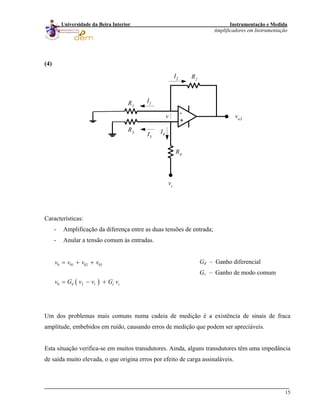 Instrumentação e Medida
Amplificadores em Instrumentação
15
Universidade da Beira Interior
(4)
-
+
R3
R1
R2
R4
vo3
vc
I1
I2
I3
I4
v
Características:
- Amplificação da diferença entre as duas tensões de entrada;
- Anular a tensão comum às entradas.
c
Gd – Ganho diferencial
Gc – Ganho de modo comum
( )
0 01 02 03
0 2 1d c
v v v v
v G v v G v
= + +
= − +
Um dos problemas mais comuns numa cadeia de medição é a existência de sinais de fraca
amplitude, embebidos em ruído, causando erros de medição que podem ser apreciáveis.
Esta situação verifica-se em muitos transdutores. Ainda, alguns transdutores têm uma impedância
de saída muito elevada, o que origina erros por efeito de carga assinaláveis.
 