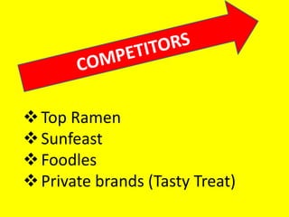 Top Ramen
Sunfeast
Foodles
Private brands (Tasty Treat)
 