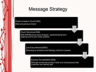 Message Strategy

Power to keep in Touch(1995)
Elite and premium brand



     Touch Tomorrow(1999)
     With NTP99 prices were dropped , started looking from
     regional and to pan Indian position




           Live Every Moment(2002)
           Stressing on emotions and feelings; brand for masses




                 Express Yourself(2003-2009)
                 Stronger emotional connect; fresh and contemporary feel;
                 customer can identify with
 