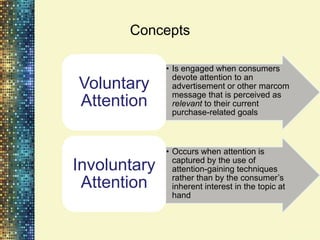 Concepts

              • Is engaged when consumers
                devote attention to an
Voluntary       advertisement or other marcom
                message that is perceived as
Attention       relevant to their current
                purchase-related goals



              • Occurs when attention is
                captured by the use of
Involuntary     attention-gaining techniques
                rather than by the consumer‟s
 Attention      inherent interest in the topic at
                hand
 