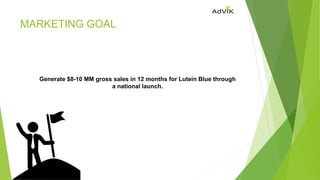 MARKETING GOAL
Generate $8-10 MM gross sales in 12 months for Lutein Blue through
a national launch.
 