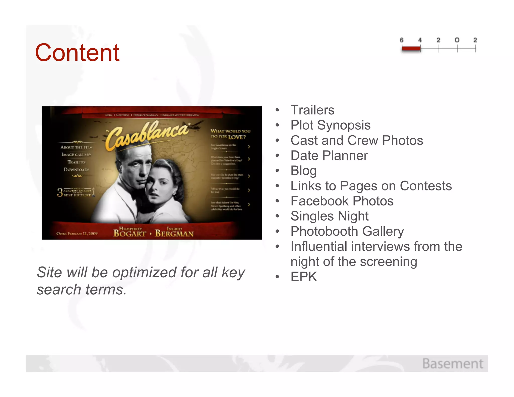 Content

                                     • Trailers
                                     • Plot Synopsis
                                     • Cast and Crew Photos
                                     • Date Planner
                                     • Blog
                                     • Links to Pages on Contests
                                     • Facebook Photos
                                     • Singles Night
                                     • Photobooth Gallery
                                     • Influential interviews from the
                                       night of the screening
Site will be optimized for all key   • EPK
search terms.
 